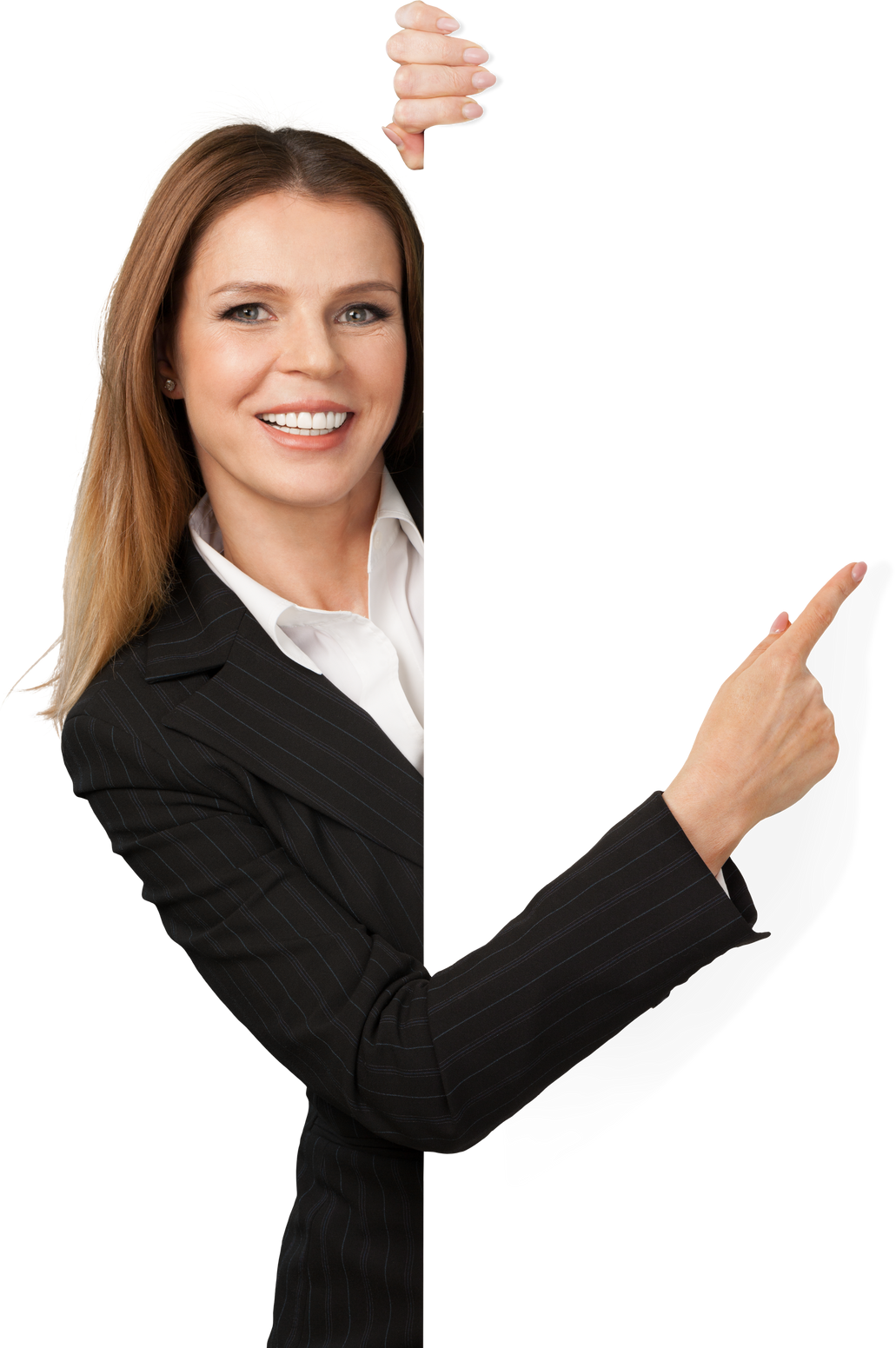 Woman in a Suit Pointing to the Side